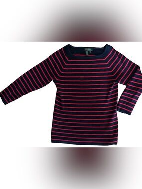 Lauren Ralph Lauren Navy and Red Striped Ribbed Sweater